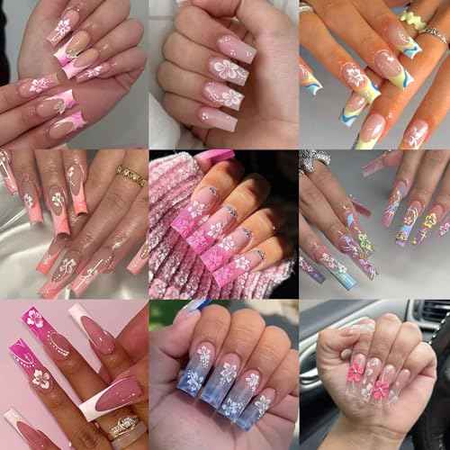 Flower Nail Stickers 10 Sheets Hibiscus Nail Decals White Pink Golden Clear Silver Decals Nail Art Decorations Nail Decals Nail Art Supplies Nail Designs for Women Manicure Tips