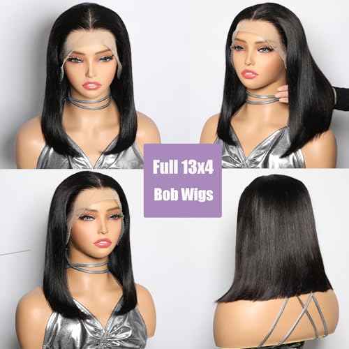 13x4 Bob Wig Human Hair Natural Color Straight Lace Front Wigs Glueless 180 Density Pre Plucked with Baby Hair Brazilian Remy Short Hair Transparent Lace Frontal Wigs for Black Women