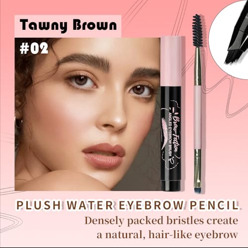 Tawny Brown Angled Eyebrow Pen with Spoolie Brush, Waterproof Microblading Brow Pencil for Natural Hair-Like Strokes, Smudge-Proof Longwear Eyebrow Pen for Filling Sparse Brows & Full Defined Arches