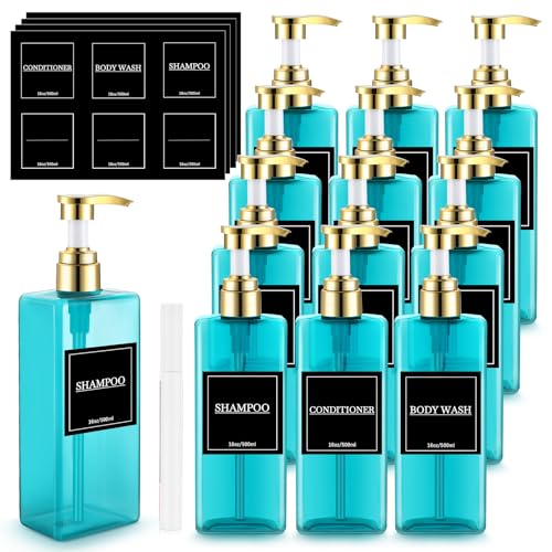 Gejoy 12 Pack Blue Shampoo and Conditioner Dispenser Bottles, 17 Oz/ 500ml Refillable Empty Pump Bottles with Labels and Marker Pen, Plastic Square Pump Dispenser Bottle for Bathroom Body Wash Shower