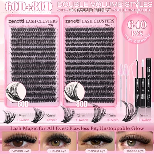 Lash Clusters Kit 640PCS Wispy 60D 80D with Bond & Seal