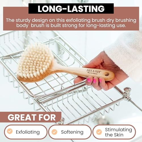 SHASH Since 1869 Hand Made in Germany - Smooth 100% Boar Bristle Body Brush, Gently Exfoliates Skin for a Softer, Smoother Complexion, Dry Brush Body Scrubber Promotes Circulation for a Healthy Glow