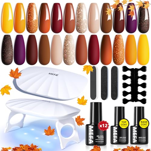 MEFA 19 Pcs Gel Nail Polish Kit with UV Light - 12 Colors Fall Set