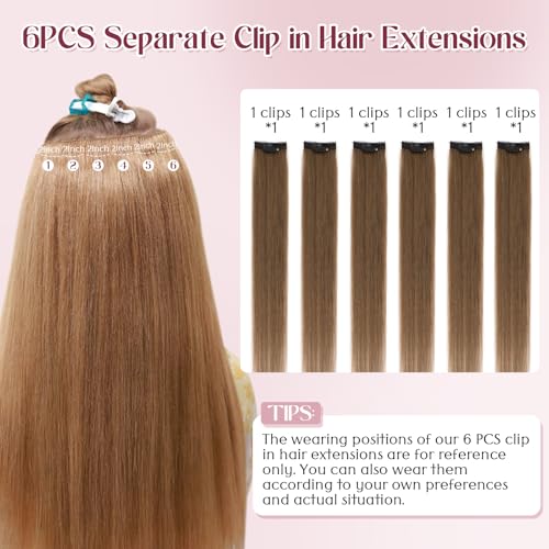 S-noilite 6Pcs Clip in Human Hair Extensions,Remy Single Clip in Hair Extensions 6Pcs 6clips Straight Light Brown Seamless Hairpieces for Women 20Inch 44g