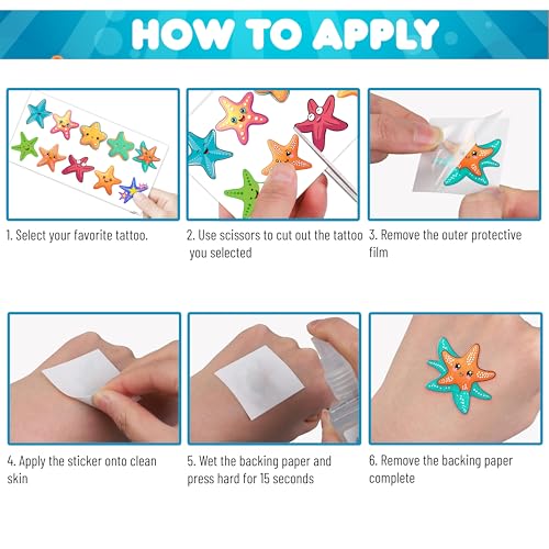 Cute Starfish Temporary Tattoos 10 Sheets 100PCS Under The Sea Party Decorations Supplies Favors Ocean Theme Birthday Cute Stickers Christmas Gifts for Boys Girls Kids Class School Prizes Carnival