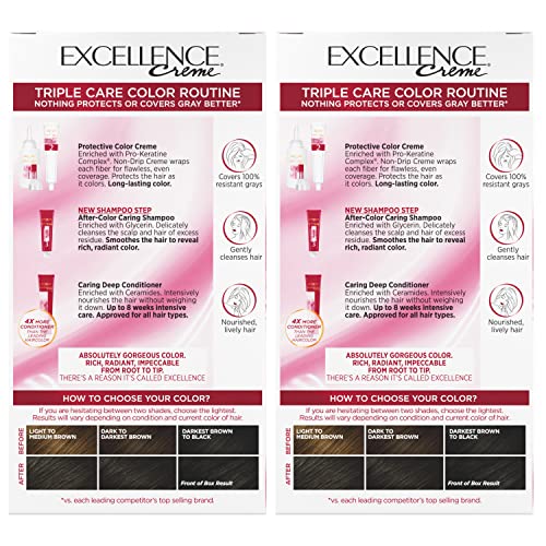 L'Oreal Paris Excellence Creme Permanent Hair Color, 3 Natural Black, 100 percent Gray Coverage Hair Dye, Pack of 2