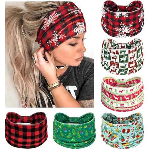 Christmas Headbands for Women & Girls - Wide Knotted Head Bands Snowflake Santa NonSlip Hair Bands Yoga Workout Elastic Head Wraps 6 Pcs Festive Accessories