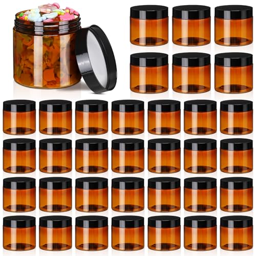 Tanlade 40 Pcs 2 oz Plastic Jars with Lids Round Cosmetic Containers Refillable Containers for Powder Liquid Food Storage Kitchen Cosmetic Lotion Ointments Creams Essential Oil(Amber)