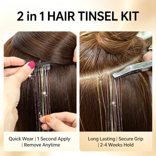 HandWig Galaxy Pink Hair Tinsel Kit with Comb & Refill - 80 Strands, 23 Inch & 47 Inch