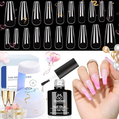 Beetles Gel Nail Kit with 500 Coffin Tips, UV Lamp & 5-in-1 Glue