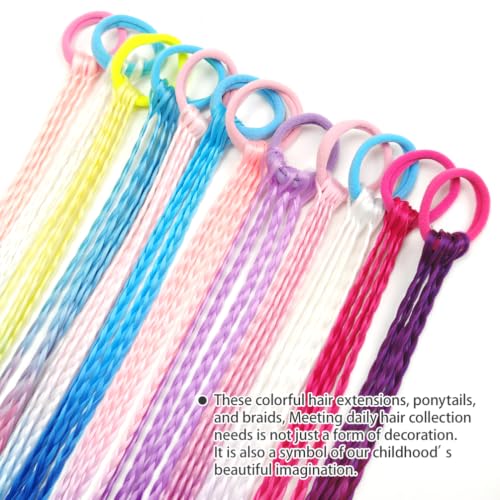 12Pcs 16 Inch Colorful Braided Hair Extensions with Rubber Bands for Girls, Festival & Party Hair Accessories