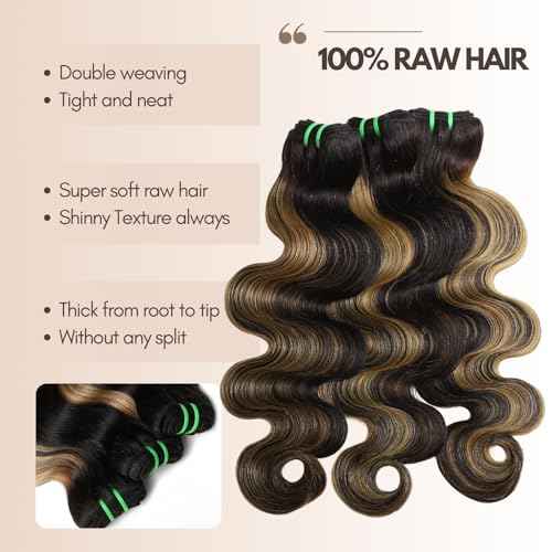 13A Double Drawn Honey Blonde Highlight FB27 Bundles 16 18 20 Inch Body Wave Human Hair, Black With Honey Brown Highlight Raw Human Hair 3 Bundles Unprocessed F1B/27 Ombre Sew In Extension