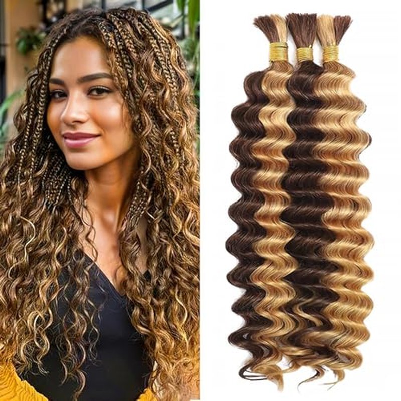 24-Inch Highlight Brown Deep Wave Human Hair for Boho Braids