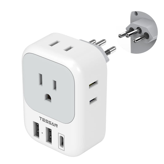 TESSAN Brazil Power Adapter, US to Brazil Travel Plug with 4 American Outlets 3 USB Charger (1 USB C Port), Type N Adaptor for USA to Brazilian Brazil