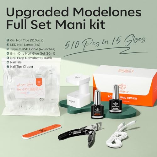Modelones Z1 Long Coffin Nail Gel Extension Kit with 500 Tips & Portable UV Light