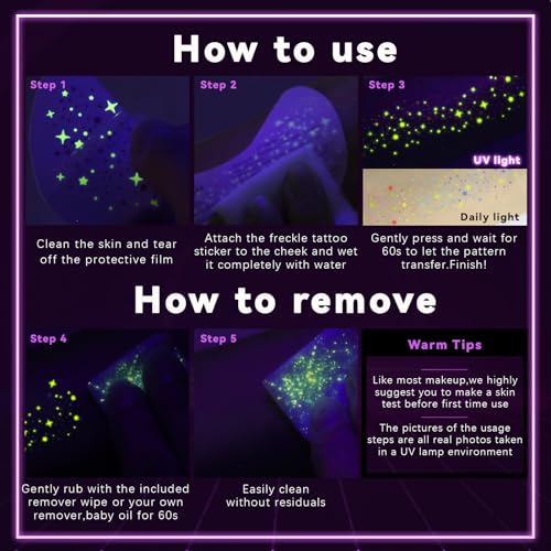 Glow UV Freckle Tattoos - 6pc Rainbow Star Temporary Patches