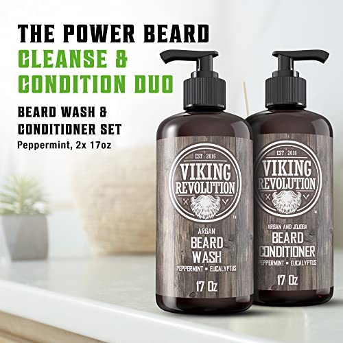 Viking Revolution Beard Wash & Conditioner Set w/Argan & Jojoba Oils ? Softens, Smooths & Strengthens Beard Growth - Natural Peppermint and Eucalyptus Scent - Shampoo (17 oz)