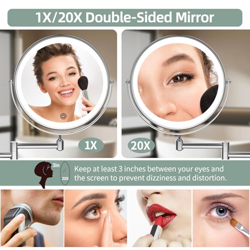 Rechargeable Wall Mounted Lighted Makeup Vanity Mirror 8 inch 1X/20X Magnifying Bathroom Mirror with 3 Color Lights, Double Sided with Dimmable LED Lights, Extended Arm 360¡Æ Swivel Extension Mirror