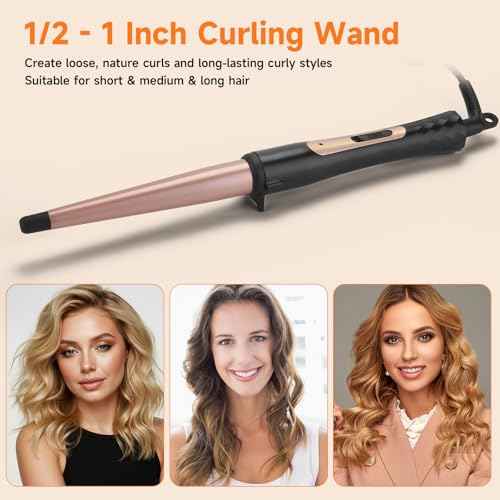 Tapered Curling Wand 1/2-Inch to 1-Inch Tourmaline Ceramic Barrel Professional Wand Curling Iron for Short Medium Long Hair Two Temperature Settings Dual Voltage Auto Shut-Off