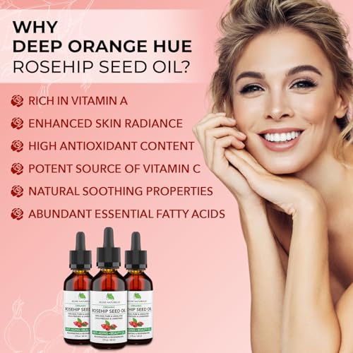 Rosehip Oil - Pure, Virgin, Cold Pressed - From Whole Berries (Pulp & Seeds), Natural Deep Orange Hue for Intensive Skin Repair - Undiluted Organic Rosehip Seed Oil, 2 oz