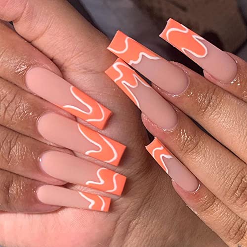 Vemalo Press on Nails Long Swirl Nails for Women Press on Acrylic Nails Orange Coffin Press on False Nails 24Pcs(Style 2)