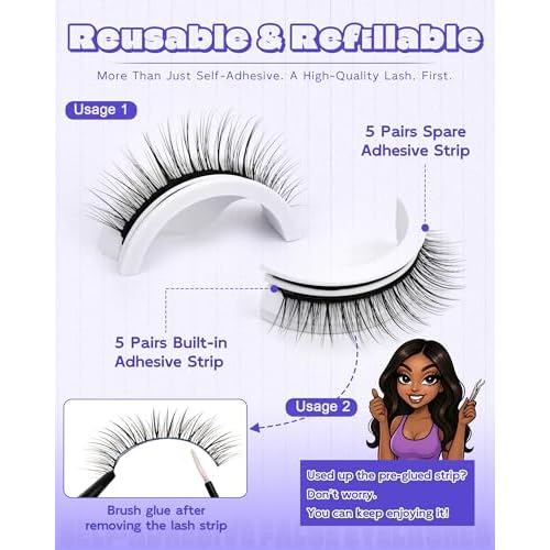 Self Adhesive Eyelashes Glueless Lashes - Natural Look 7-10mm No Glue Eyelashes Strip Waterproof All-Day Hold Press On Lashes Glueless Reusable Lash Strips Kit With Tweezer for Makeup by LZM (08)