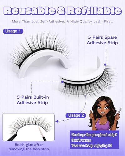 LZM Self Adhesive Eyelashes - 10mm Glueless Natural Strip Lashes