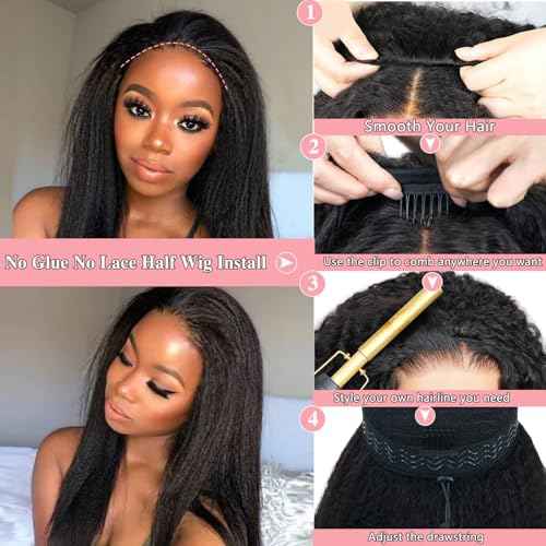Nvnvdij Kinky Straight Half Wig Human Hair 200% Density Wear Go Glueless Wigs Human Hair 22 Inch Kinky Straight 3 In 1 Half Wigs for Women Drawstring Seamless Flip Headband Wig Beginner Friendly