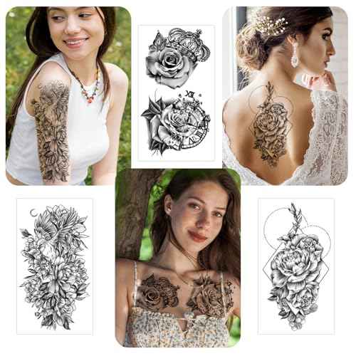 Flowers Temporary Tattoos for Women, 49 Sheets Fake Tattoos Roses Floral Tattoos Temporary Realistic,Waterproof, Long-Lasting
