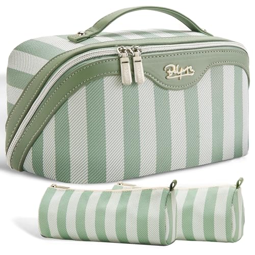 BOYATU Travel Makeup Bag for Women: Large Cosmetic Bag Set of 3 - PU Leather Make up Bag with Compartments - Compact Waterproof Toiletry Bag with Divider & Handle (B-3-Green)