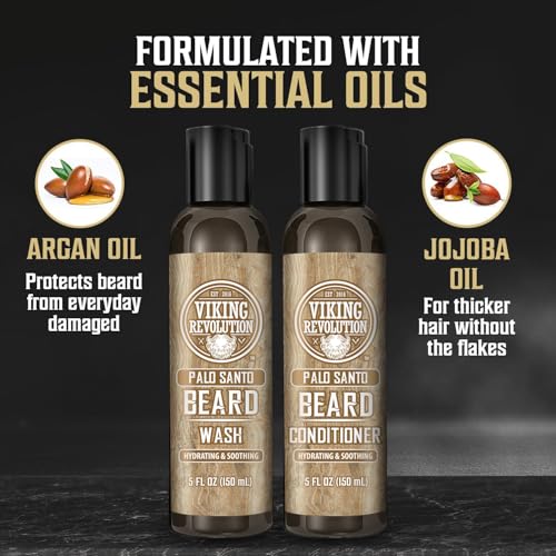 Viking Revolution Beard Wash and Beard Conditioner for Men with Argan Oil and Jojoba Oil - Beard Softener and Strengthener Beard Care Beard Shampoo and Conditioner with Ginseng Root (5oz, Palo Santo)