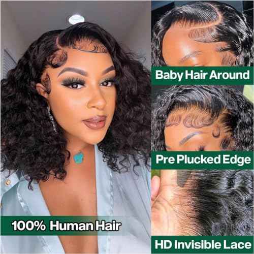 Deep Wave Bob Wig Human Hair 13x4 Hd Lace Front Wigs Human Hair Wear and Go Glueless Wigs Human Hair Pre Plucked Pre Cut Short Curly Bob Wigs For Women 180% Density 14 inch