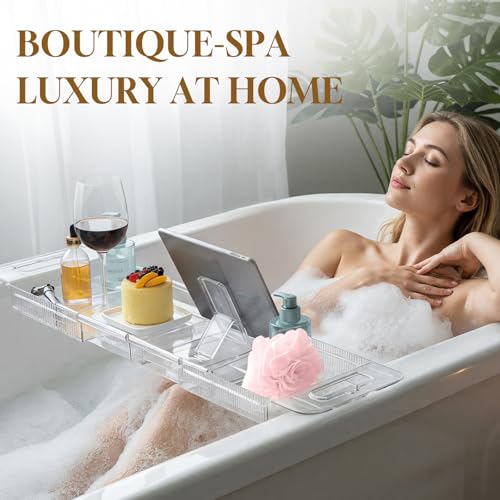 Expandable Clear Acrylic Bathtub Tray Caddy with Phone Holder