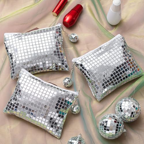 20 Pack Disco Makeup Bags Pop Star Party Favors Portable Glitter Sequin Mirror Cosmetic Organizer with Zipper, Suit for Bachelorette New Years Eve 70s, 80s, 90s Disco Party Favor (Silver)