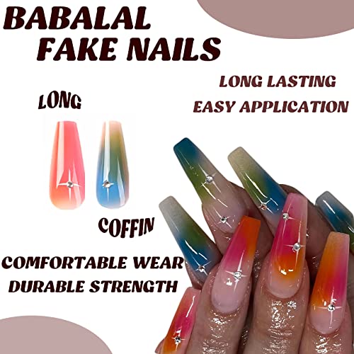 BABALAL Coffin Press on Nails Long Fake Nails Blue Pink Gradient Glue on Nails 24Pcs Ballerina Rhinestone Acrylic Nails with Design