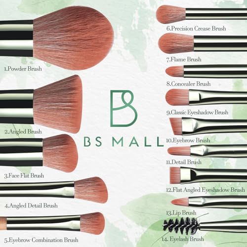 BS-MALL Travel Makeup Brush Set ? 14 Pcs Foundation Powder Concealers Eye Shadows with LED Light Mirror, Green