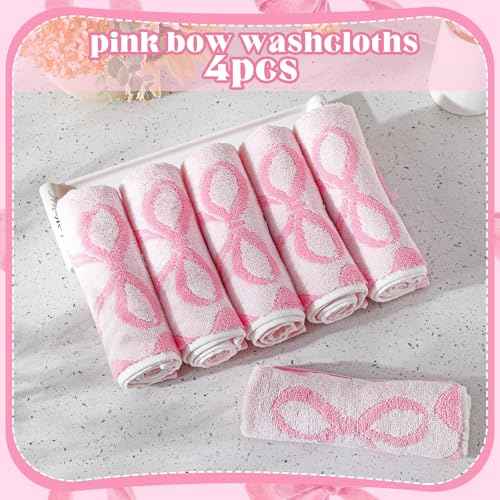 Coume 6 Pcs Pink Bow Washcloths 100% Cotton Wash Cloths 13" x 13" Coquette Small Face Towels Absorbent Soft Preppy Wash Cloths & Hand Bath Towels for Bathroom, Spa, Kitchen Drying Cleaning