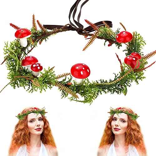 MOSTORY Green Elf Mushroom Crown - Fairy Woodland Crown Forest Flower Headpiece Floral Circlet for Women Renaissance Carnival Cosplay Photo Shoot