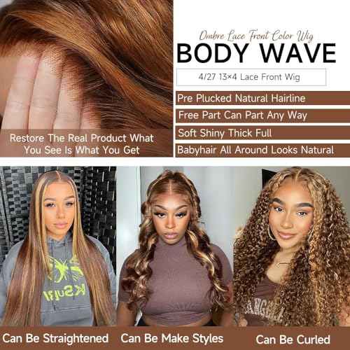 Honey Blonde Ombre Lace Front Wig Human Hair Body Wave Highlights 13X4 HD Lace Front Wigs Pre Plucked 180% Density Glueless 4/27 Highlighted Human Hair Wig 20 Inch