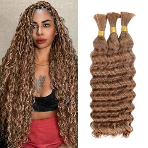 Deep Wave Human Braiding Hair for Boho Braids ? 24 Inch 120g 3 Bundles/Pack Honey Blonde, 100% Unprocessed 12A Brazilian Virgin Hair Bulk, No Weft, Wet & Wavy Curly Knotless Extensions
