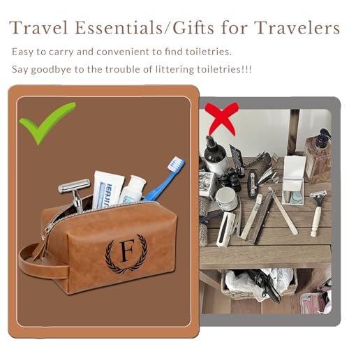 Personalized Leather Toiletry Travel Bag for Men Custom Christmas Birthday Gifts for Men Groomsmen Dad Husband Boyfriend Engraved Initial Waterproof Shaving Bags(A, Dark Brown)