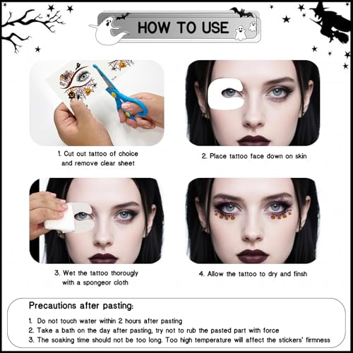 10 Pcs Halloween Eye Tattoos,Colourful Spider Web and Bat Design Eye Tattoos Temporary,Waterproof Sweatproof Day of the Dead Makeup, Halloween Temporary Tattoo for Women Men Party Cosplay