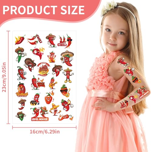 Chili Cook Off Temporary Tattoos - 200 Spicy Pepper Fiesta Decorations Supplies, Mexican Party Favors Fake Tattoo for Cooks Guests, School Prize (8 sheets)