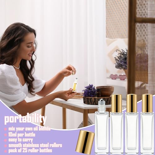 Gold 25 Pcs 10ml Square Glass Essential Oil Roller Bottles Set with Stainless Steel Balls