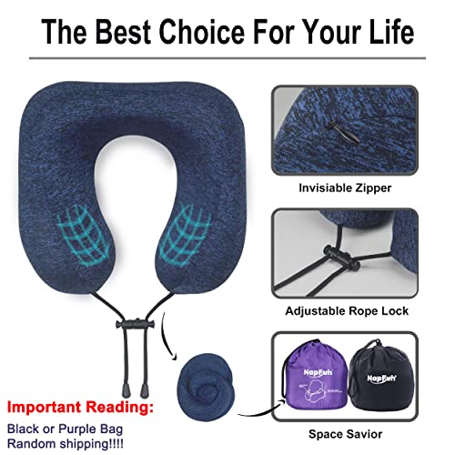 napfun Neck Pillow for Traveling, Upgraded Travel Neck Pillow for Airplane 100% Pure Memory Foam Travel Pillow for Flight Headrest Sleep, Portable Plane Accessories, Full Dark Blue, Medium (120-200LB)