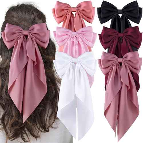 6Pcs Large Bows Hair Clips for Women Girls Long Tail Hair Ribbon Silky Satin Barrettes Coquette Bows Accessories (Black/Pink/Red/White)