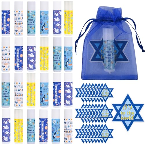 24 Pcs Hanukkah Gifts Include Lip Balm Thank You Tag Organza Bag for Women Birthday Hanukkah Gifts