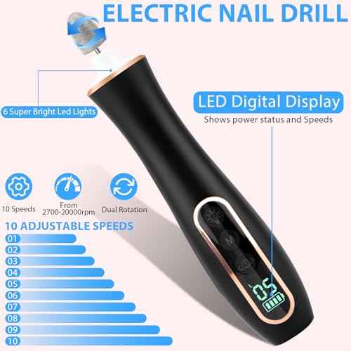 Professional Manicure Pedicure Kit, Cordless Electric Nail File Set, 360¡Æ LED Light Nail Drill Machine with LCD Display, 10 Speeds Rechargeable Nail Drill for Gel Nail Thick Toe Nails Christmas Gifts