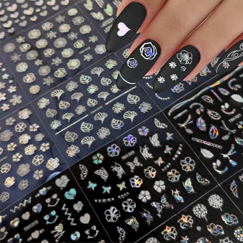 30 Sheets Aurora Nail Art Stickers Decals 3D Self Adhesive Flower Nail Stickers for Nail Art Moon Star Nail Decals Leaf Heart Nail Design for DIY Acrylic Nails Decoration Accessories for Women Girls