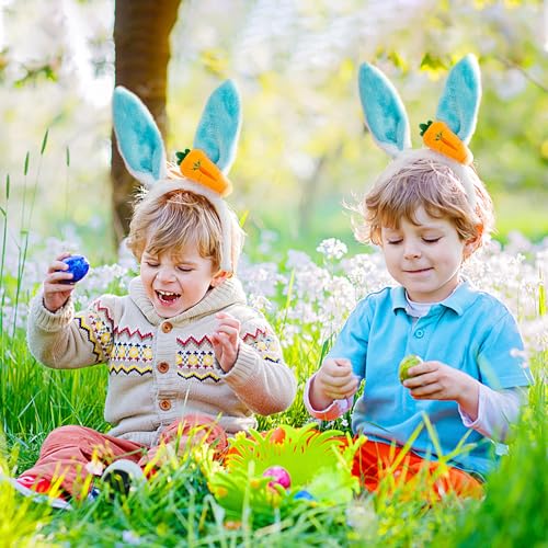 AEGYPIUS Easter Bunny Ears Headband for Girls Plush Rabbit Ears Hairbands for Kids and Adults Easter Headwear with Carrot Decor Easter Costume Accessories for Easter Party Decoration (Blue)